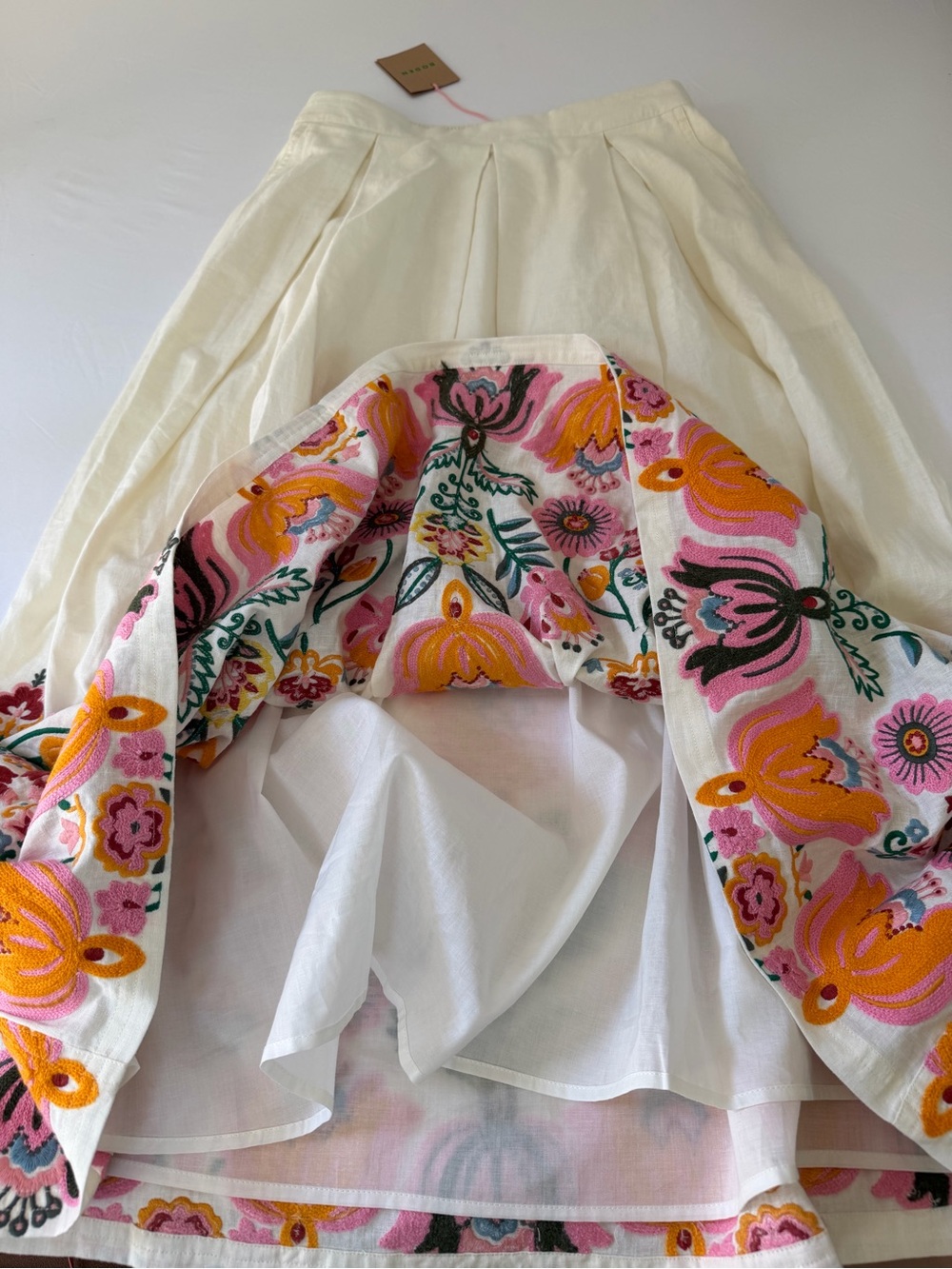 Boden Verity Linen Embroidered Floral Trim Pleated Midi Skirt US 6R - Picture 10 of 16